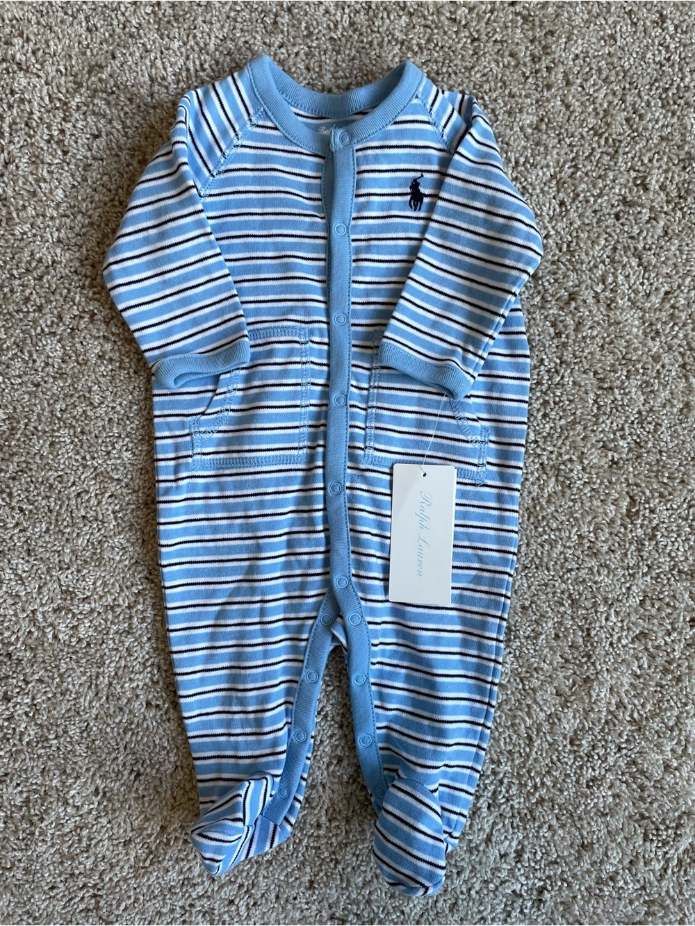 Ralph Lauren Light Blue and White Striped Footed One-Piece